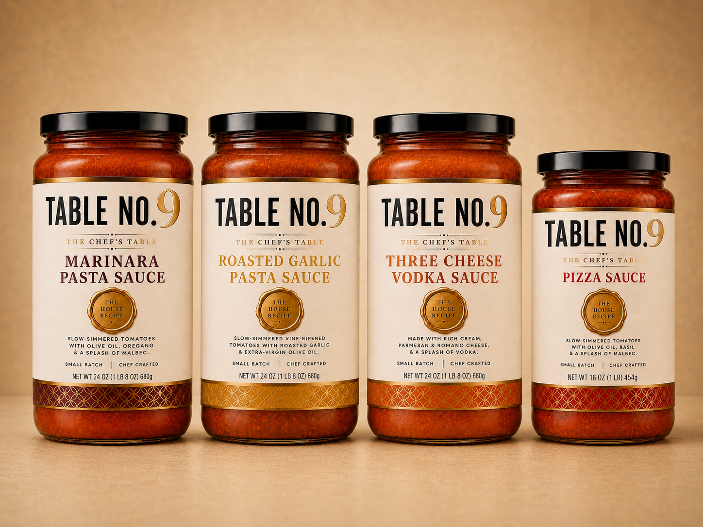 The full Table No.9 lineup: Marinara, Roasted Garlic, Three Cheese Vodka and Pizza Sauce