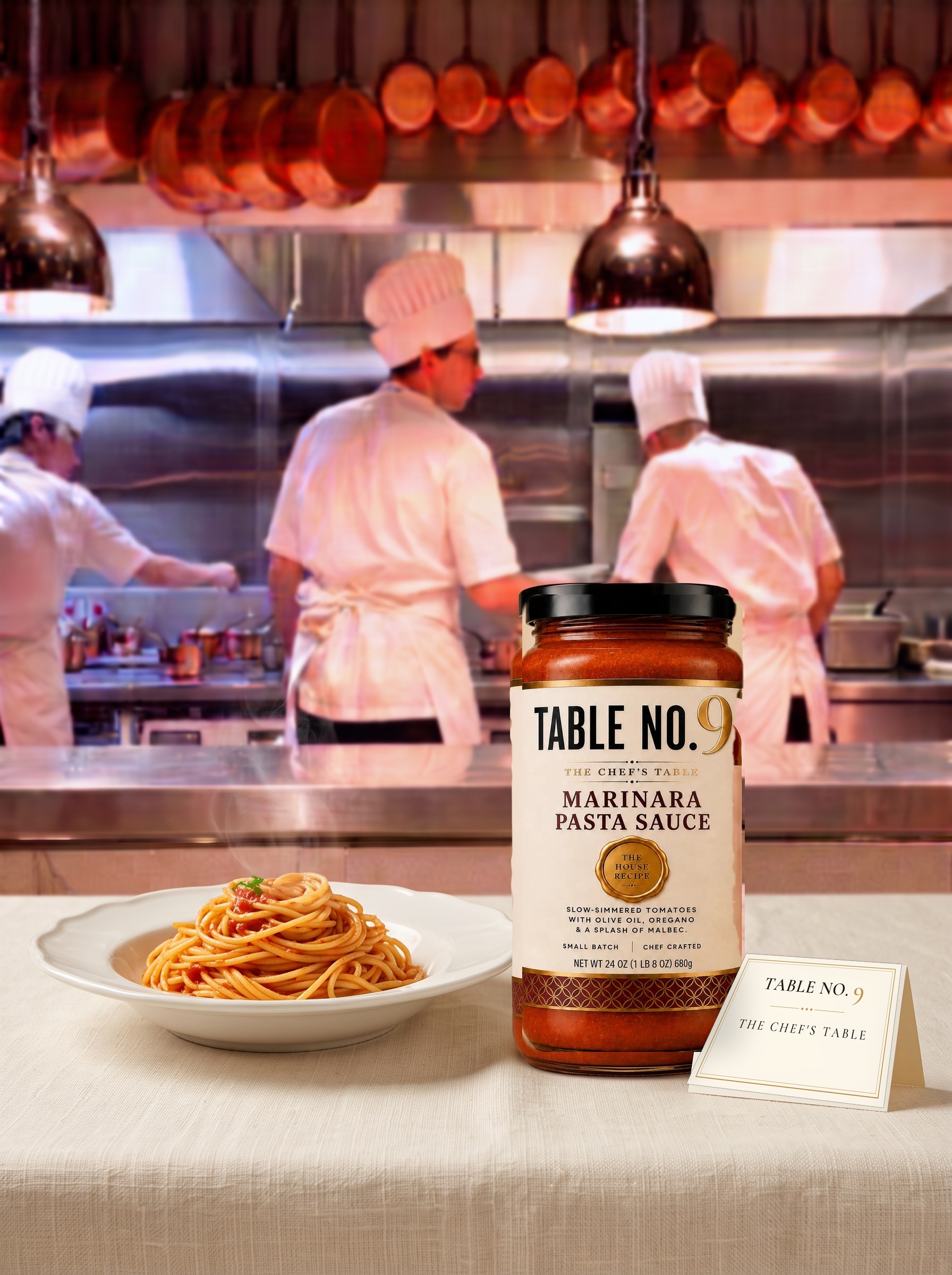 A plate of pasta, a jar of Table No.9 Marinara Pasta Sauce and a Table No. 9 place card on cream linen before a luminous open kitchen