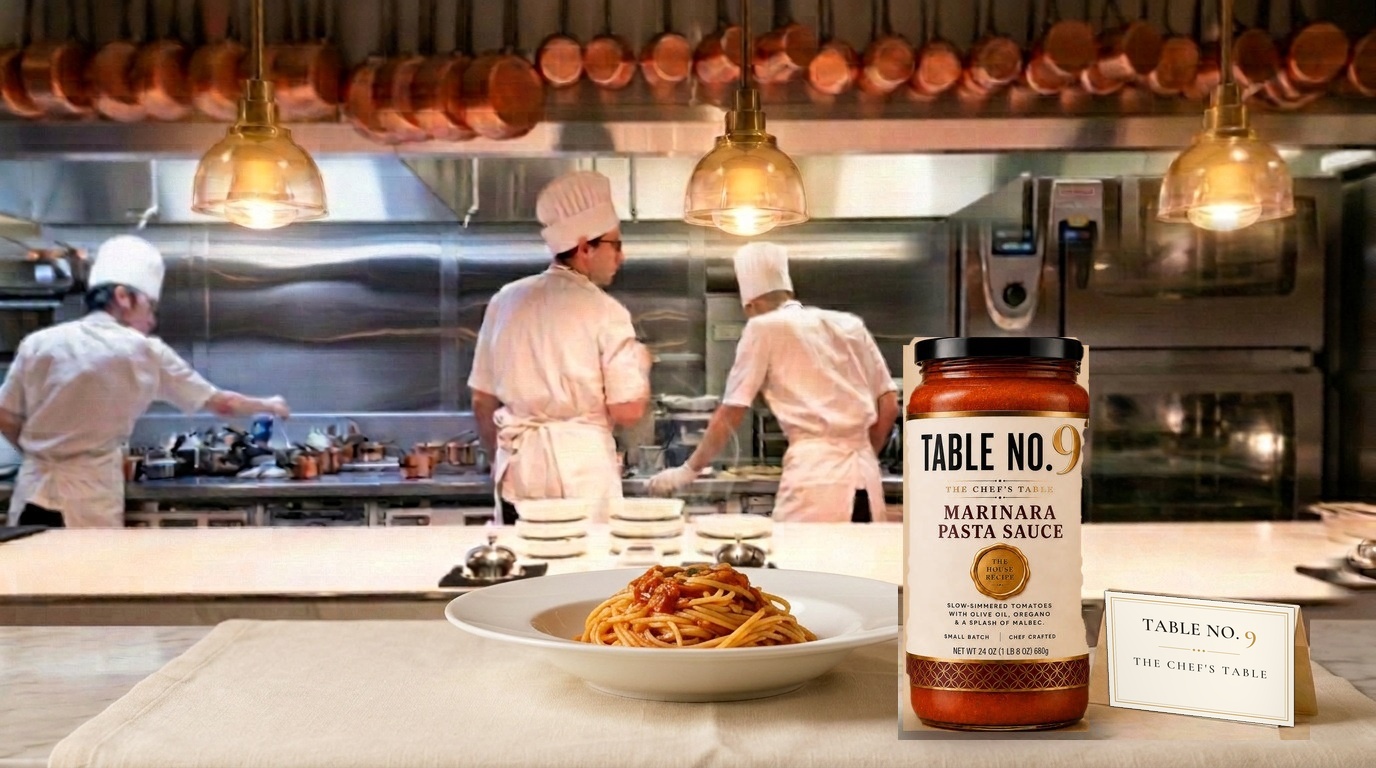 A jar of Table No.9 Marinara Pasta Sauce and a Table No. 9 reserved place card at the chef's table of a luminous Michelin-level open kitchen